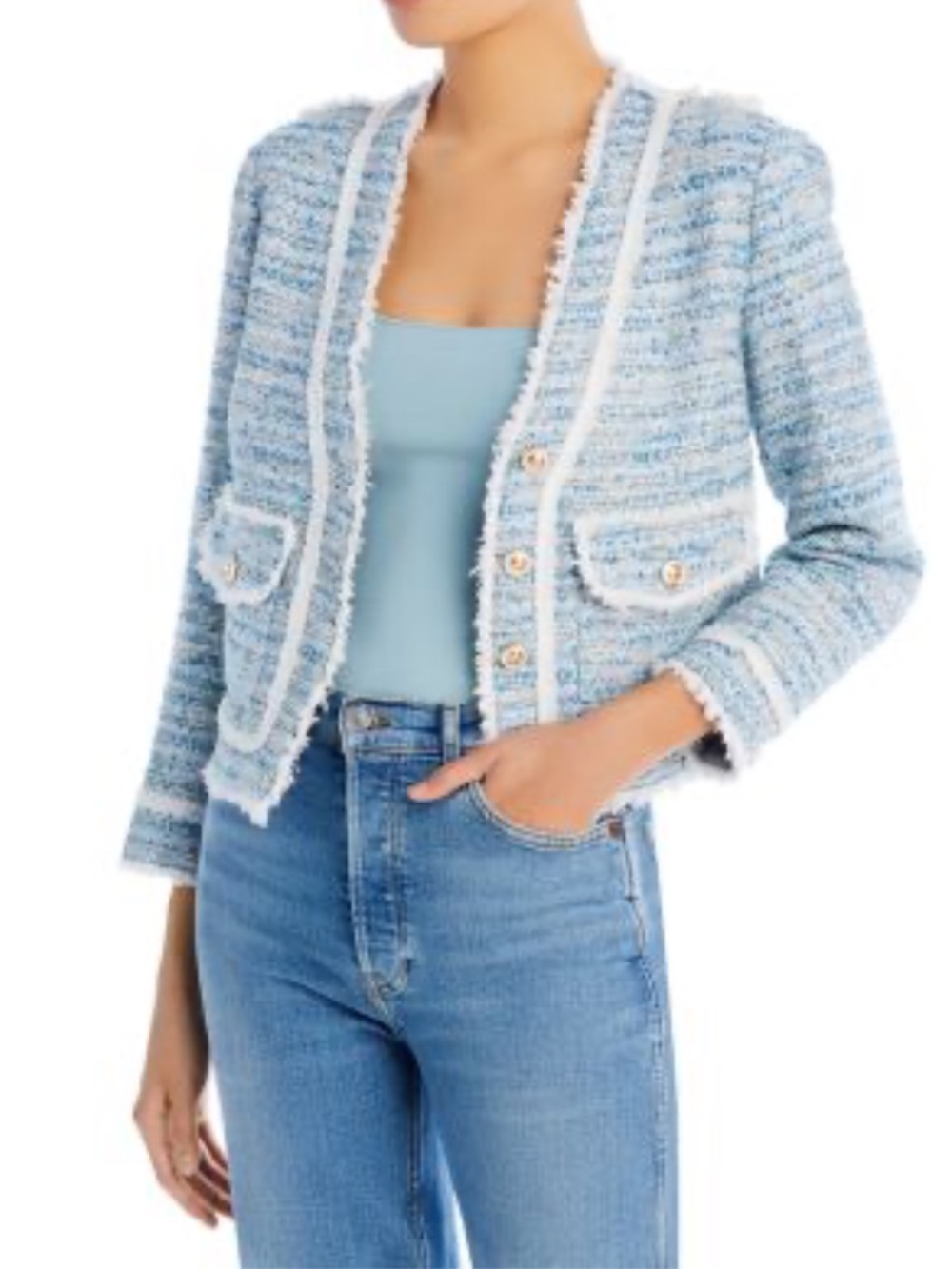 Aqua Bloomingdale’s Exclusive Blue Cropped Tweed Jacket Blazer Size XS BNWT!